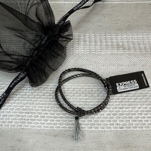 Express Gunmetal Beaded Wrap Bracelet with Silver Tassel